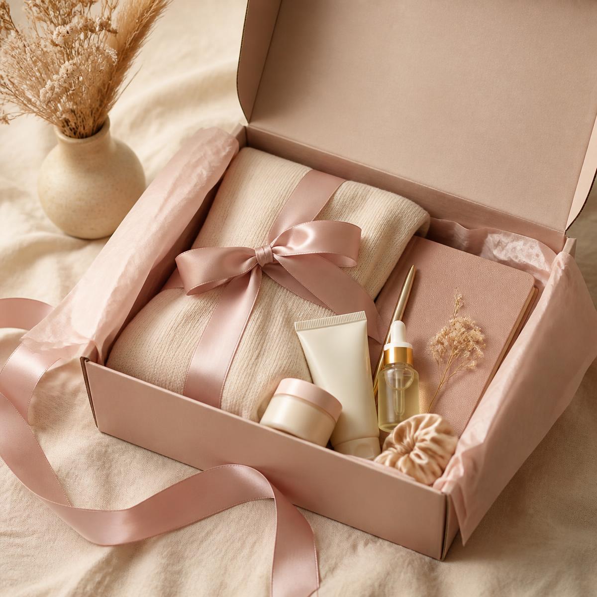 An open StrongHer Box care package with a soft pink ribbon, textiles, and comfort items